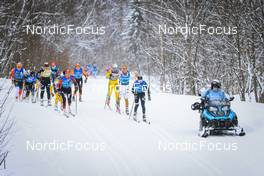 02.04.2022, Setermoen-Bardufoss, Norway (NOR): Magni Smedas (NOR), Emilie Fleten (NOR), Britta Norgren (SWE), Marit Bjoergen (NOR), Sofie Elebro (SWE), Astrid Oeyre Slind (NOR), +wc29+, Ebba Andersson (SWE), (l-r) - Visma Ski Classics Reistadlopet, Setermoen-Bardufoss (NOR). www.nordicfocus.com. © Manzoni/NordicFocus. Every downloaded picture is fee-liable.