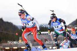 15.01.2023, Ruhpolding, Germany (GER): Sebastian Stalder (SUI), Tommaso Giacomel (ITA), (l-r) - IBU World Cup Biathlon, mass men, Ruhpolding (GER). www.nordicfocus.com. © Manzoni/NordicFocus. Every downloaded picture is fee-liable.