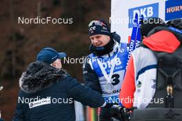15.01.2023, Ruhpolding, Germany (GER): Vetle Sjaastad Christiansen (NOR), Olle Dahlin (SWE), IBU President, (l-r) - IBU World Cup Biathlon, mass men, Ruhpolding (GER). www.nordicfocus.com. © Manzoni/NordicFocus. Every downloaded picture is fee-liable.