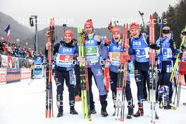 13.01.2023, Ruhpolding, Germany (GER): David Zobel (GER), Johannes Kuehn (GER), Benedikt Doll (GER), Roman Rees (GER), (l-r) - IBU World Cup Biathlon, relay men, Ruhpolding (GER). www.nordicfocus.com. © Manzoni/NordicFocus. Every downloaded picture is fee-liable.