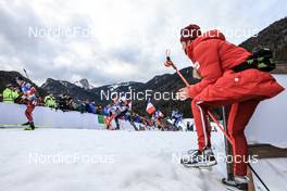 13.01.2023, Ruhpolding, Germany (GER): David Komatz (AUT), David Zobel (GER), Rene Zahkna (EST), (l-r) - IBU World Cup Biathlon, relay men, Ruhpolding (GER). www.nordicfocus.com. © Manzoni/NordicFocus. Every downloaded picture is fee-liable.