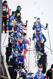 13.01.2023, Ruhpolding, Germany (GER): Martin Ponsiluoma (SWE), Lucas Pitzer (AUT), Maxime Germain (USA), Trevor Kiers (CAN), Anton Dudchenko (UKR), Otto Invenius (FIN), (l-r) - IBU World Cup Biathlon, relay men, Ruhpolding (GER). www.nordicfocus.com. © Manzoni/NordicFocus. Every downloaded picture is fee-liable.