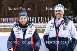 13.01.2023, Ruhpolding, Germany (GER): Patrick Oberegger of Italy coach Team Norway, Siegfried Mazet (FRA) coach team Norway, (l-r) - IBU World Cup Biathlon, relay men, Ruhpolding (GER). www.nordicfocus.com. © Manzoni/NordicFocus. Every downloaded picture is fee-liable.
