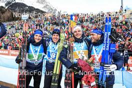 22.01.2023, Antholz, Italy (ITA): Fabien Claude (FRA), Quentin Fillon Maillet (FRA), Emilien Jacquelin (FRA), Antonin Guigonnat (FRA), (l-r) - IBU World Cup Biathlon, relay men, Antholz (ITA). www.nordicfocus.com. © Manzoni/NordicFocus. Every downloaded picture is fee-liable.