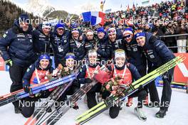 22.01.2023, Antholz, Italy (ITA): Julia Simon (FRA), Anais Chevalier-Bouchet (FRA), Chloe Chevalier (FRA), Lou Jeanmonnot (FRA), (l-r) - IBU World Cup Biathlon, relay women, Antholz (ITA). www.nordicfocus.com. © Manzoni/NordicFocus. Every downloaded picture is fee-liable.