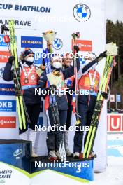 05.03.2023, Nove Mesto, Czech Republic (CZE): Karoline Offigstad Knotten (NOR), Ingrid Landmark Tandrevold (NOR), Johannes Dale (NOR), Endre Stroemsheim (NOR), (l-r) - IBU World Cup Biathlon, mixed relay, Nove Mesto (CZE). www.nordicfocus.com. © Manzoni/NordicFocus. Every downloaded picture is fee-liable.