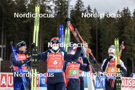 05.03.2023, Nove Mesto, Czech Republic (CZE): Sebastian Samuelsson (SWE), Karoline Offigstad Knotten (NOR), Ingrid Landmark Tandrevold (NOR), Johannes Dale (NOR), (l-r) - IBU World Cup Biathlon, mixed relay, Nove Mesto (CZE). www.nordicfocus.com. © Manzoni/NordicFocus. Every downloaded picture is fee-liable.
