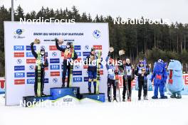 04.03.2023, Nove Mesto, Czech Republic (CZE): Tarjei Boe (NOR), Johannes Thingnes Boe (NOR), Martin Ponsiluoma (SWE), Benedikt Doll (GER), Fabien Claude (FRA), Antonin Guigonnat (FRA), (l-r) - IBU World Cup Biathlon, pursuit men, Nove Mesto (CZE). www.nordicfocus.com. © Manzoni/NordicFocus. Every downloaded picture is fee-liable.