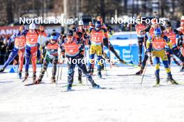 12.03.2023, Oestersund, Sweden, (SWE): Fabien Claude (FRA), Tommaso Giacomel (ITA), Vetle Sjaastad Christiansen (NOR), Jesper Nelin (SWE), Martin Ponsiluoma (SWE), (l-r) - IBU World Cup Biathlon, mass men, Oestersund (SWE). www.nordicfocus.com. © Manzoni/NordicFocus. Every downloaded picture is fee-liable.