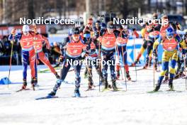 12.03.2023, Oestersund, Sweden, (SWE): Fabien Claude (FRA), Tommaso Giacomel (ITA), Vetle Sjaastad Christiansen (NOR), Jesper Nelin (SWE), Martin Ponsiluoma (SWE), (l-r) - IBU World Cup Biathlon, mass men, Oestersund (SWE). www.nordicfocus.com. © Manzoni/NordicFocus. Every downloaded picture is fee-liable.