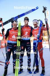 12.03.2023, Oestersund, Sweden, (SWE): Johannes Dale (NOR), Vetle Sjaastad Christiansen (NOR), Eric Perrot (FRA), (l-r) - IBU World Cup Biathlon, mass men, Oestersund (SWE). www.nordicfocus.com. © Manzoni/NordicFocus. Every downloaded picture is fee-liable.
