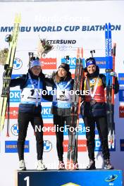 12.03.2023, Oestersund, Sweden, (SWE): Lou Jeanmonnot (FRA), Dorothea Wierer (ITA), Julia Simon (FRA), (l-r) - IBU World Cup Biathlon, mass women, Oestersund (SWE). www.nordicfocus.com. © Manzoni/NordicFocus. Every downloaded picture is fee-liable.