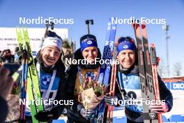 12.03.2023, Oestersund, Sweden, (SWE): Lou Jeanmonnot (FRA), Julia Simon (FRA), Caroline Colombo (FRA), (l-r) - IBU World Cup Biathlon, mass women, Oestersund (SWE). www.nordicfocus.com. © Manzoni/NordicFocus. Every downloaded picture is fee-liable.