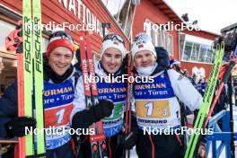 11.03.2023, Oestersund, Sweden, (SWE): Endre Stroemsheim (NOR), Vebjoern Soerum (NOR), Johannes Dale (NOR), (l-r) - IBU World Cup Biathlon, relay men, Oestersund (SWE). www.nordicfocus.com. © Manzoni/NordicFocus. Every downloaded picture is fee-liable.
