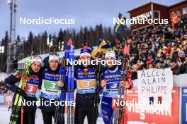 11.03.2023, Oestersund, Sweden, (SWE): Oscar Lombardot (FRA), Antonin Guigonnat (FRA), Eric Perrot (FRA), Fabien Claude (FRA), (l-r) - IBU World Cup Biathlon, relay men, Oestersund (SWE). www.nordicfocus.com. © Manzoni/NordicFocus. Every downloaded picture is fee-liable.