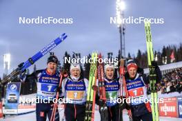 11.03.2023, Oestersund, Sweden, (SWE): Vetle Sjaastad Christiansen (NOR), Johannes Dale (NOR), Vebjoern Soerum (NOR), Endre Stroemsheim (NOR), (l-r) - IBU World Cup Biathlon, relay men, Oestersund (SWE). www.nordicfocus.com. © Manzoni/NordicFocus. Every downloaded picture is fee-liable.