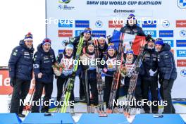 11.03.2023, Oestersund, Sweden, (SWE): Lou Jeanmonnot (FRA), Chloe Chevalier (FRA), Caroline Colombo (FRA), Anais Chevalier-Bouchet (FRA), (l-r) - IBU World Cup Biathlon, relay women, Oestersund (SWE). www.nordicfocus.com. © Manzoni/NordicFocus. Every downloaded picture is fee-liable.