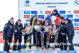 11.03.2023, Oestersund, Sweden, (SWE): Lou Jeanmonnot (FRA), Chloe Chevalier (FRA), Caroline Colombo (FRA), Anais Chevalier-Bouchet (FRA), (l-r) - IBU World Cup Biathlon, relay women, Oestersund (SWE). www.nordicfocus.com. © Manzoni/NordicFocus. Every downloaded picture is fee-liable.