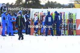 11.03.2023, Oestersund, Sweden, (SWE): Event Feature: Fluor tested skis are lined up at the start - IBU World Cup Biathlon, relay women, Oestersund (SWE). www.nordicfocus.com. © Manzoni/NordicFocus. Every downloaded picture is fee-liable.