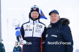 16.03.2023, Oslo, Norway (NOR): Johannes Thingnes Boe (NOR), Olle Dahlin (SWE), IBU President, (l-r) - IBU World Cup Biathlon, cups, Oslo (NOR). www.nordicfocus.com. © Manzoni/NordicFocus. Every downloaded picture is fee-liable.