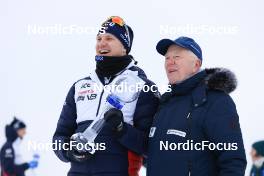 16.03.2023, Oslo, Norway (NOR): Vetle Sjaastad Christiansen (NOR), Olle Dahlin (SWE), IBU President, (l-r) - IBU World Cup Biathlon, cups, Oslo (NOR). www.nordicfocus.com. © Manzoni/NordicFocus. Every downloaded picture is fee-liable.