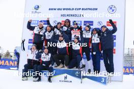 16.03.2023, Oslo, Norway (NOR): Johannes Dale (NOR), Johannes Thingnes Boe (NOR), Tarjei Boe (NOR), Vetle Sjaastad Christiansen (NOR), Sturla Holm Laegreid (NOR), Siegfried Mazet (FRA) coach team Norway, (l-r) - IBU World Cup Biathlon, cups, Oslo (NOR). www.nordicfocus.com. © Manzoni/NordicFocus. Every downloaded picture is fee-liable.