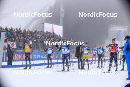 19.03.2023, Oslo, Norway (NOR): Johannes Thingnes Boe (NOR), Benedikt Doll (GER), Sturla Holm Laegreid (NOR), Martin Ponsiluoma (SWE), Niklas Hartweg (SUI), Roman Rees (GER), Vetle Sjaastad Christiansen (NOR), (l-r) - IBU World Cup Biathlon, mass men, Oslo (NOR). www.nordicfocus.com. © Manzoni/NordicFocus. Every downloaded picture is fee-liable.