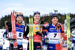 18.03.2023, Oslo, Norway (NOR): Sturla Holm Laegreid (NOR), Johannes Thingnes Boe (NOR), Quentin Fillon Maillet (FRA), (l-r) - IBU World Cup Biathlon, pursuit men, Oslo (NOR). www.nordicfocus.com. © Manzoni/NordicFocus. Every downloaded picture is fee-liable.