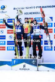 18.03.2023, Oslo, Norway (NOR): Quentin Fillon Maillet (FRA), Johannes Thingnes Boe (NOR), Sturla Holm Laegreid (NOR), (l-r) - IBU World Cup Biathlon, pursuit men, Oslo (NOR). www.nordicfocus.com. © Manzoni/NordicFocus. Every downloaded picture is fee-liable.