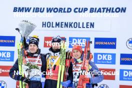 16.03.2023, Oslo, Norway (NOR): Martin Ponsiluoma (SWE), Johannes Thingnes Boe (NOR), Benedikt Doll (GER), (l-r) - IBU World Cup Biathlon, sprint men, Oslo (NOR). www.nordicfocus.com. © Manzoni/NordicFocus. Every downloaded picture is fee-liable.