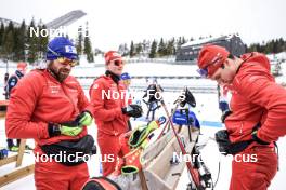 16.03.2023, Oslo, Norway (NOR): Dajan Danuser (SUI), Sebastian Stalder (SUI), Niklas Hartweg (SUI), (l-r) - IBU World Cup Biathlon, sprint men, Oslo (NOR). www.nordicfocus.com. © Manzoni/NordicFocus. Every downloaded picture is fee-liable.