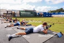 04.08.2023, Sandnes, Norway (NOR): Eric Perrot (FRA), Ingrid Landmark Tandrevold (NOR), Tarjei Boe (NOR), (l-r) - BLINK23 Festival Biathlon - Sandnes (NOR). www.nordicfocus.com. © Manzoni/NordicFocus. Every downloaded picture is fee-liable.