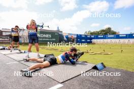 04.08.2023, Sandnes, Norway (NOR): Eric Perrot (FRA), Ingrid Landmark Tandrevold (NOR), Sturla Holm Laegreid (NOR), (l-r) - BLINK23 Festival Biathlon - Sandnes (NOR). www.nordicfocus.com. © Manzoni/NordicFocus. Every downloaded picture is fee-liable.
