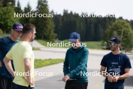 30.05.2023, La Feclaz, France (FRA): Patrick Favre (ITA), coach Team France, Louis Deschamps (FRA), Jean Paul Giachino (FRA), (l-r) - Biathlon summer training, La Feclaz (FRA). www.nordicfocus.com. © Joly/NordicFocus. Every downloaded picture is fee-liable.