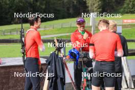 20.05.2023, Lenzerheide, Switzerland (SUI): Niklas Hartweg (SUI), Remo Krug (GER) coach Team Switzerland, Sebastian Stalder (SUI), Gion Stalder (SUI), (l-r) - Biathlon summer training, Lenzerheide (SUI). www.nordicfocus.com. © Manzoni/NordicFocus. Every downloaded picture is fee-liable.