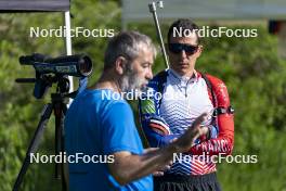 30.05.2023, Col Bayard, France (FRA): Jean-Pierre Amat (FRA), Olympic Champion and shooting coach Team France, Quentin Fillon Maillet (FRA), (l-r)  - Biathlon summer training, Col Bayard (FRA). www.nordicfocus.com. © Thibaut/NordicFocus. Every downloaded picture is fee-liable.