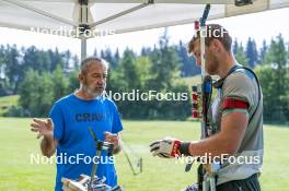30.05.2023, Col Bayard, France (FRA): Jean-Pierre Amat (FRA), Olympic Champion and shooting coach Team France, Emilien Claude (FRA), (l-r)  - Biathlon summer training, Col Bayard (FRA). www.nordicfocus.com. © Thibaut/NordicFocus. Every downloaded picture is fee-liable.