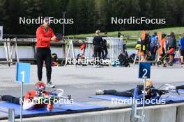 20.05.2023, Lenzerheide, Switzerland (SUI): Sebastian Stalder (SUI), Remo Krug (GER) coach Team Switzerland, Gion Stalder (SUI), (l-r) - Biathlon summer training, Lenzerheide (SUI). www.nordicfocus.com. © Manzoni/NordicFocus. Every downloaded picture is fee-liable.