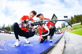 20.05.2023, Lenzerheide, Switzerland (SUI): Niklas Hartweg (SUI), Remo Krug (GER) coach Team Switzerland, (l-r) - Biathlon summer training, Lenzerheide (SUI). www.nordicfocus.com. © Manzoni/NordicFocus. Every downloaded picture is fee-liable.