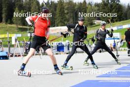 20.05.2023, Lenzerheide, Switzerland (SUI): Sebastian Stalder (SUI), Gion Stalder (SUI), Niklas Hartweg (SUI), (l-r) - Biathlon summer training, Lenzerheide (SUI). www.nordicfocus.com. © Manzoni/NordicFocus. Every downloaded picture is fee-liable.