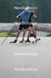 08.06.2023, Ruhpolding, Germany (GER): Niklas Hartweg (SUI), Daniel Hackhofer (ITA), coach Team Switzerland, (l-r) - biathlon summer training, Ruhpolding (GER). www.nordicfocus.com. © Reiter/NordicFocus. Every downloaded picture is fee-liable.