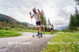 29.08.2023, Obertilliach, Austria (AUT): Vetle Sjaastad Christiansen (NOR), Sturla Holm Laegreid (NOR), Johannes Dale (NOR), (l-r)  - Biathlon summer training, Obertilliach (AUT). www.nordicfocus.com. © Barbieri/NordicFocus. Every downloaded picture is fee-liable.