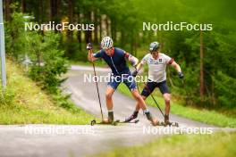 29.08.2023, Obertilliach, Austria (AUT): Filip Fjeld Andersen (NOR), Sturla Holm Laegreid (NOR), (l-r)  - Biathlon summer training, Obertilliach (AUT). www.nordicfocus.com. © Barbieri/NordicFocus. Every downloaded picture is fee-liable.