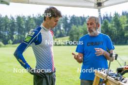 30.05.2023, Col Bayard, France (FRA): Eric Perrot (FRA), Jean-Pierre Amat (FRA), Olympic Champion and shooting coach Team France, (l-r)  - Biathlon summer training, Col Bayard (FRA). www.nordicfocus.com. © Thibaut/NordicFocus. Every downloaded picture is fee-liable.