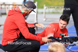 20.05.2023, Lenzerheide, Switzerland (SUI): Remo Krug (GER) coach Team Switzerland, Niklas Hartweg (SUI), (l-r) - Biathlon summer training, Lenzerheide (SUI). www.nordicfocus.com. © Manzoni/NordicFocus. Every downloaded picture is fee-liable.