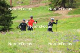 20.05.2023, Lenzerheide, Switzerland (SUI): Gion Stalder (SUI), Sebastian Stalder (SUI), Niklas Hartweg (SUI), (l-r) - Biathlon summer training, Lenzerheide (SUI). www.nordicfocus.com. © Manzoni/NordicFocus. Every downloaded picture is fee-liable.