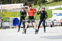 20.05.2023, Lenzerheide, Switzerland (SUI): Niklas Hartweg (SUI), Sebastian Stalder (SUI), Gion Stalder (SUI), (l-r) - Biathlon summer training, Lenzerheide (SUI). www.nordicfocus.com. © Manzoni/NordicFocus. Every downloaded picture is fee-liable.