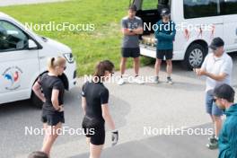 30.05.2023, La Feclaz, France (FRA): Sophie Chauveau (FRA), Paula Botet (FRA), Cyril Burdet (FRA), coach Team France, Lionel Laurent (FRA), media coordinator Team France, (l-r) - Biathlon summer training, La Feclaz (FRA). www.nordicfocus.com. © Joly/NordicFocus. Every downloaded picture is fee-liable.
