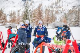 04.11.2023, Bessans, France (FRA): Claire Breton (FRA), Coach Team France, Valentin Lejeune (FRA), (l-r) - Biathlon training, Bessans (FRA). www.nordicfocus.com. © Authamayou/NordicFocus. Every downloaded picture is fee-liable.