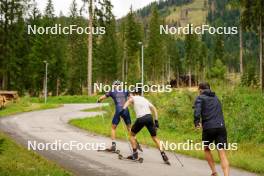 29.08.2023, Obertilliach, Austria (AUT): Filip Fjeld Andersen (NOR), Sturla Holm Laegreid (NOR), Egil Kristiansen (NOR), (l-r)  - Biathlon summer training, Obertilliach (AUT). www.nordicfocus.com. © Barbieri/NordicFocus. Every downloaded picture is fee-liable.